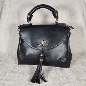 Faux Leather Black Satchel Purse Top Handle With Tassel & Gold Tone Clasp